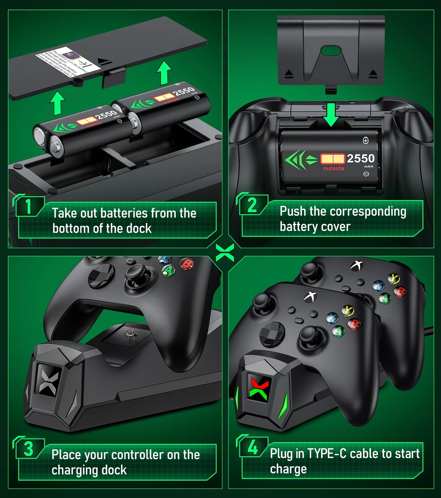 Xbox controller oplaadstation van Veltrixgames met twee oplaadbare batterijen van 2550mAh voor gaming.
