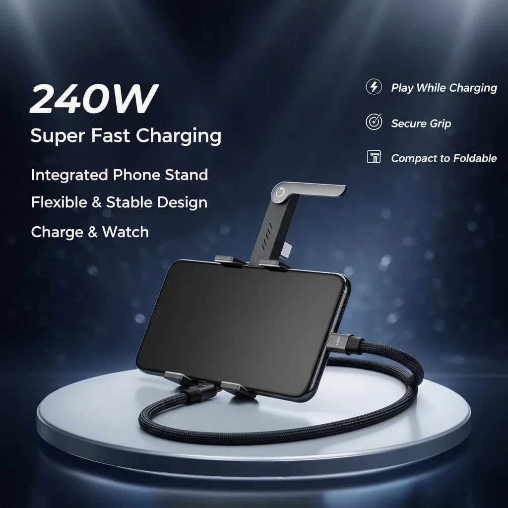 Veltrixgames 2-in-1 USB-C oplaadkabel met telefoonhouder, 240W snelladen, gevlochten design, 1.5 meter lang voor compatibele apparaten.