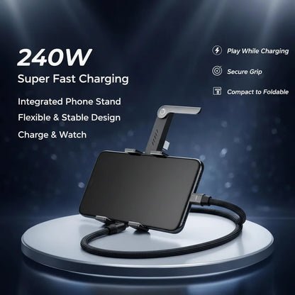Veltrixgames 2-in-1 USB-C oplaadkabel met telefoonhouder, 240W snelladen, gevlochten design, 1.5 meter lang voor compatibele apparaten.