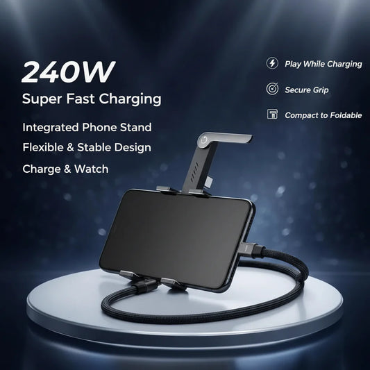 Veltrixgames 2-in-1 USB-C oplaadkabel met telefoonhouder, 240W snelladen, gevlochten design, 1.5 meter lang voor compatibele apparaten.