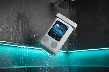 Waterdichte telefoonhouder met Bluetooth speaker van Veltrixgames, 360° draaibaar voor douche en badgebruik, waterbestendig en handig