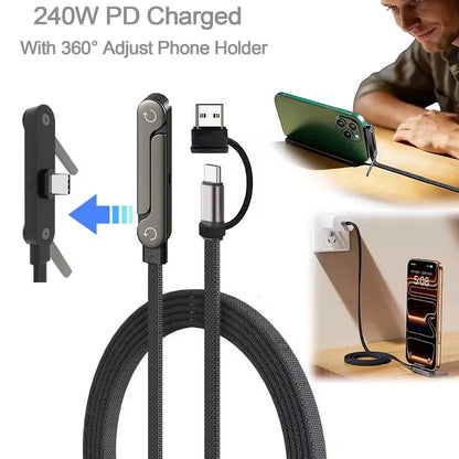 Veltrixgames 2-in-1 USB-C oplaadkabel en telefoonhouder, 240W snelladen, 1.5 meter gevlochten kabel, voor snel en handig gebruik