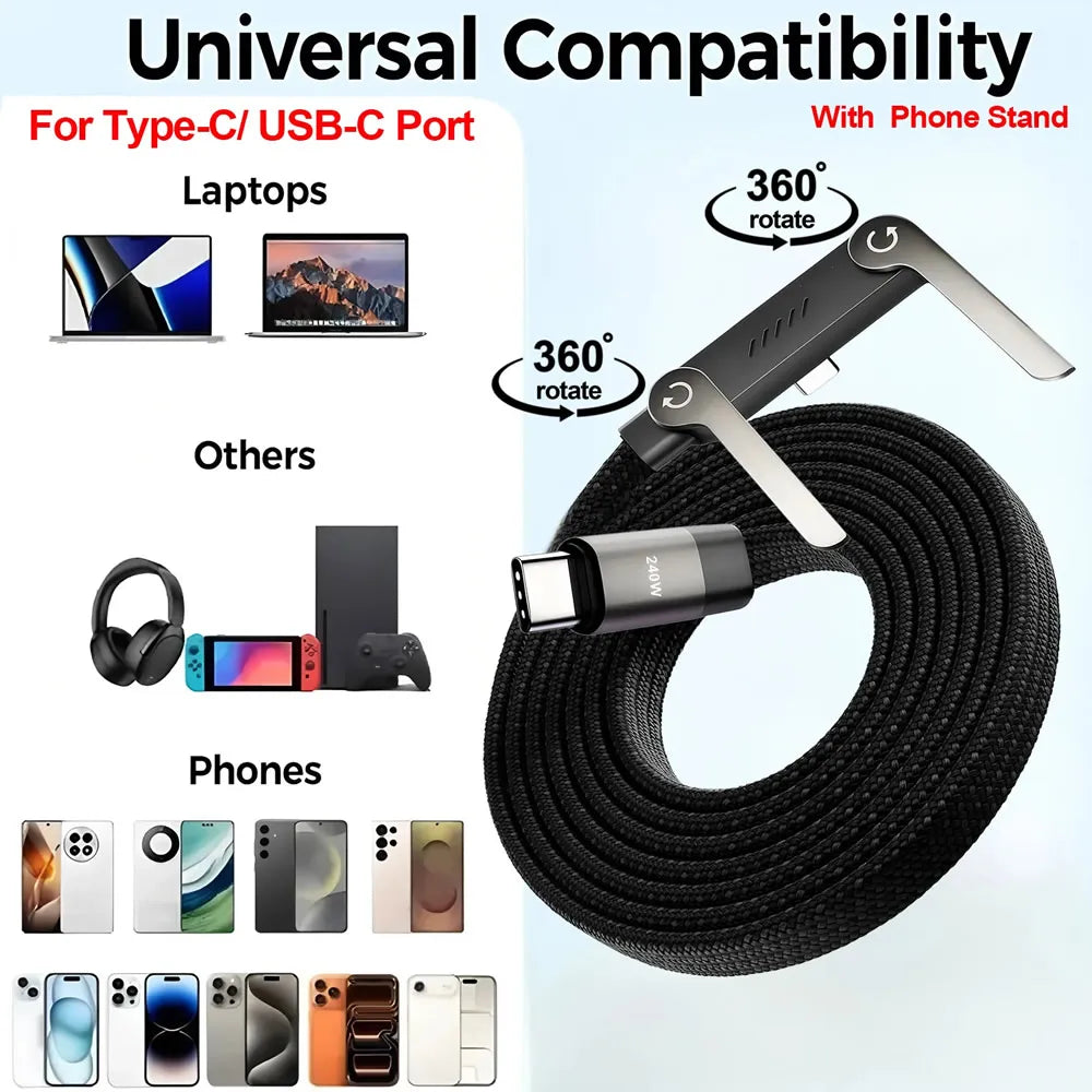 Veltrixgames 2-in-1 USB-C oplaadkabel met telefoonhouder, 240W snel laden, 1.5 meter gevlochten kabel, geschikt voor smartphones.