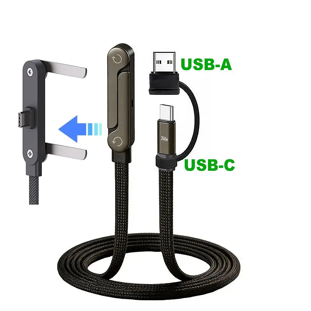 Veltrixgames 2-in-1 USB-C oplaadkabel en telefoonhouder, 240W snelladen, gevlochten kabel van 1,5 meter.