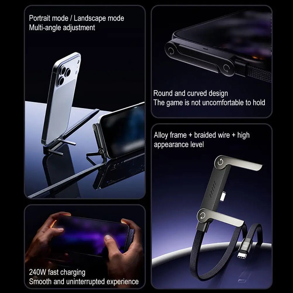 Veltrixgames 2-in-1 USB-C oplaadkabel en telefoonhouder, 240W snelladen, 1.5 meter gevlochten kabel, geschikt voor smartphones