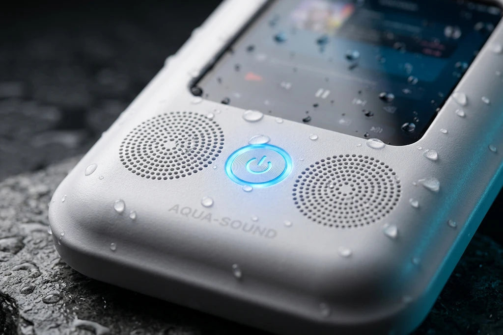 Waterdichte telefoonhouder met Bluetooth speaker van Veltrixgames, 360° draaibaar, geschikt voor douche en bad.