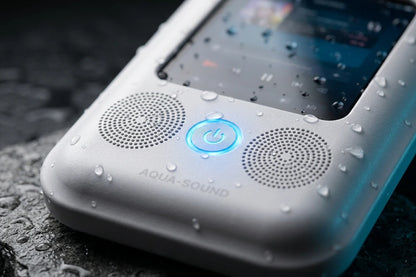 Waterdichte telefoonhouder met Bluetooth speaker van Veltrixgames, 360° draaibaar, geschikt voor douche en bad.