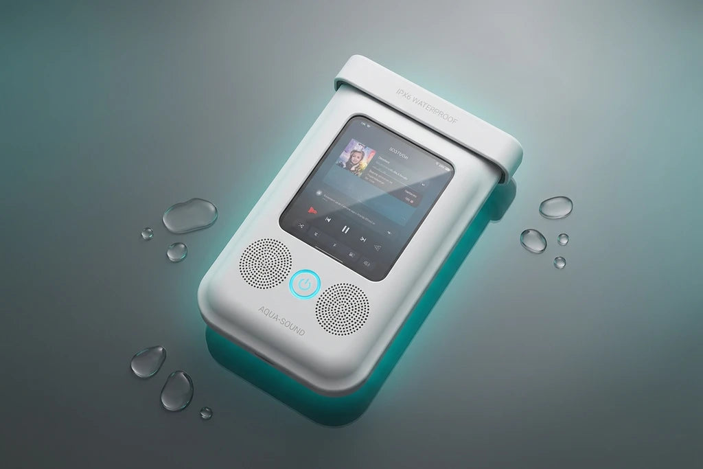 Waterdichte telefoonhouder met Bluetooth speaker van Veltrixgames, 360° draaibaar, geschikt voor douche en bad.