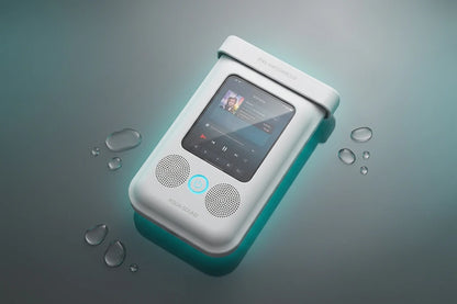 Waterdichte telefoonhouder met Bluetooth speaker van Veltrixgames, 360° draaibaar, geschikt voor douche en bad.