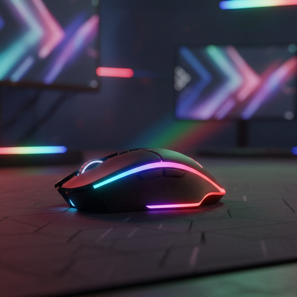 Zwarte draadloze RGB gaming muis van Veltrixgames met verstelbare DPI en Type-C oplaadkabel op een glanzend oppervlak