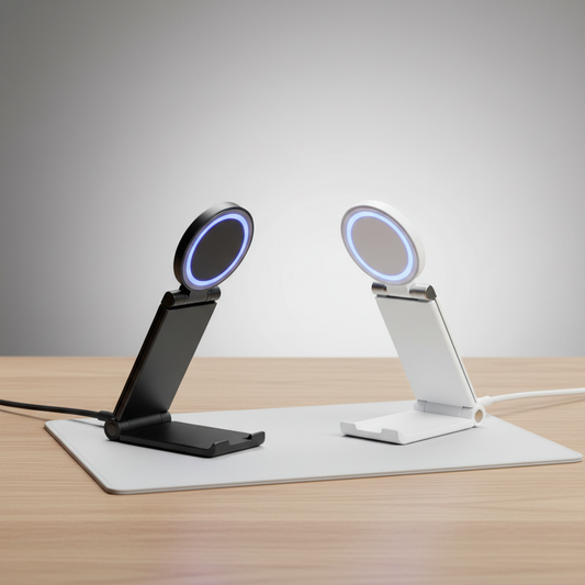 Blauwe magnetische opvouwbare telefoonstandaard van Veltrixgames met 15W snelladen, geschikt voor het vasthouden van smartphones.