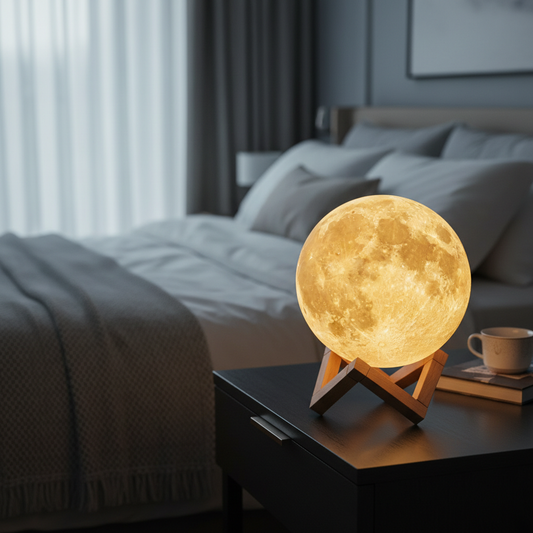 D5 Maan LED nachtlamp met standaard van Veltrixgames, lichteffecten en aardse uitstraling voor kinderkamer decor.