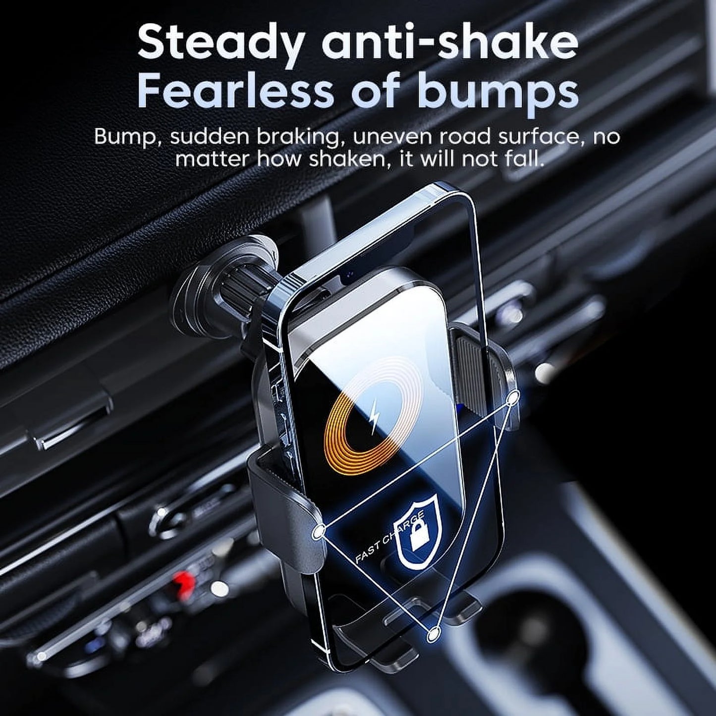 Draadloze autolader van Veltrixgames met automatische klem en 15W snelladen, geplaatst in een auto met een smartphone.