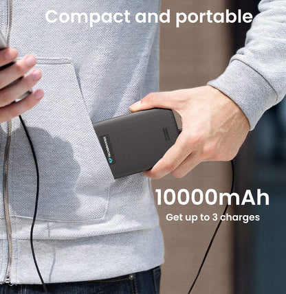 Magnetische draadloze Powerbank van 10.000mAh met USB-C en 18W snelopladen, zwart ontwerp, geschikt voor draadloos opladen.