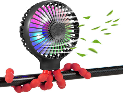 Draagbare USB oplaadbare kinderwagenventilator van Veltrixgames met flexibele tripod en 3 snelheden, voor verfrissing onderweg.