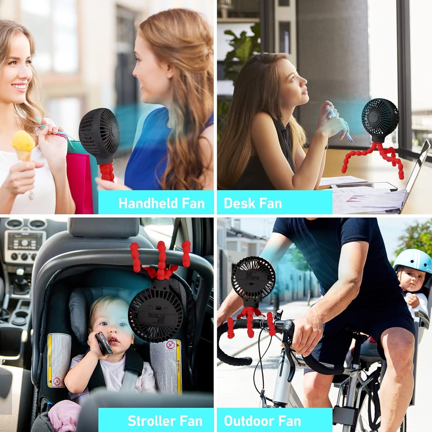 Draadloze USB oplaadbare kinderwagenventilator van Veltrixgames met flexibel tripod en 3 snelheden, voor verkoeling onderweg.