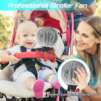 Draagbare USB-oplaadbare kinderwagenventilator van Veltrixgames met flexibele tripod en 3 snelheden, voor verkoeling onderweg.