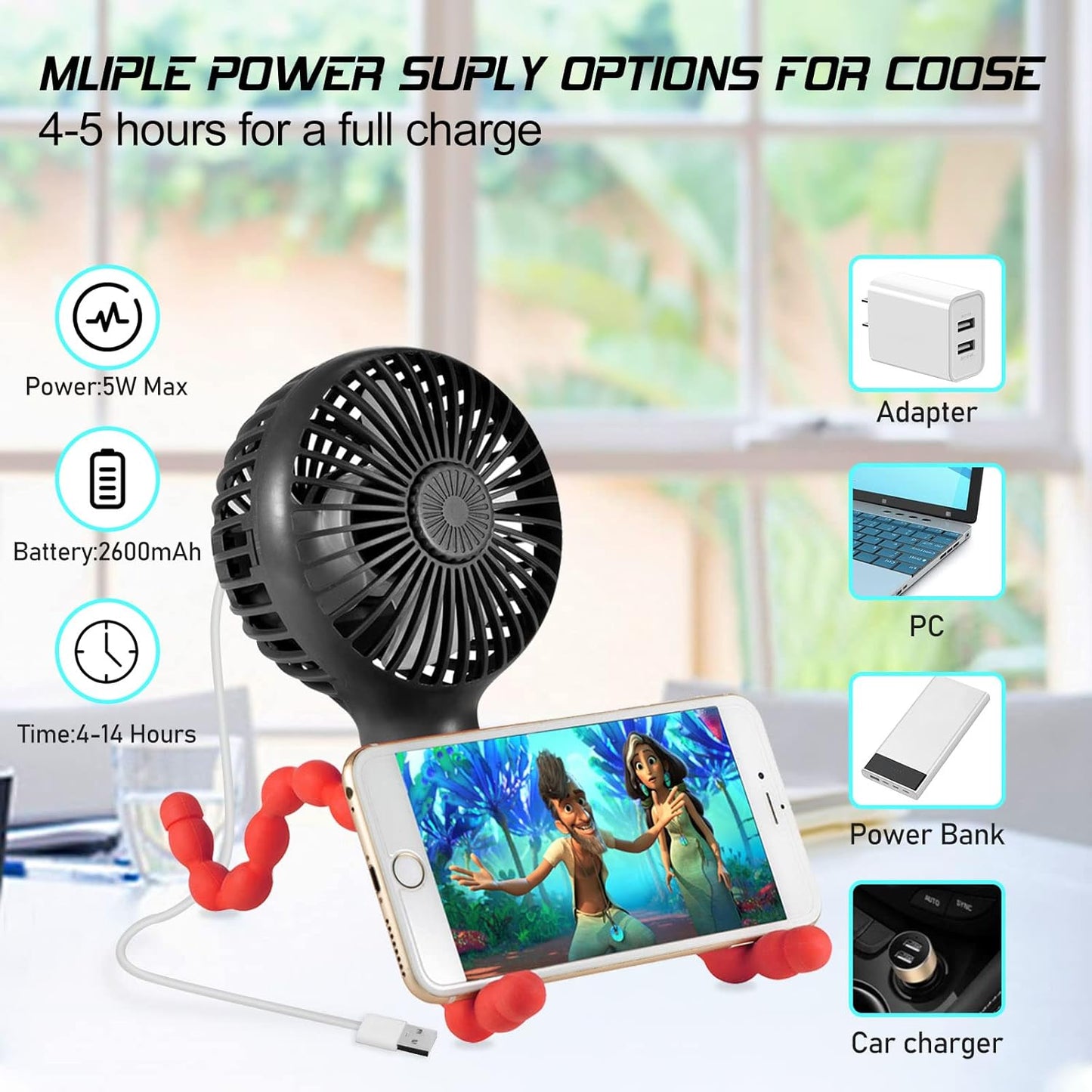 Draagbare USB oplaadbare kinderwagenventilator van Veltrixgames met flexibele standaard en 3 snelheden, voor verkoeling onderweg