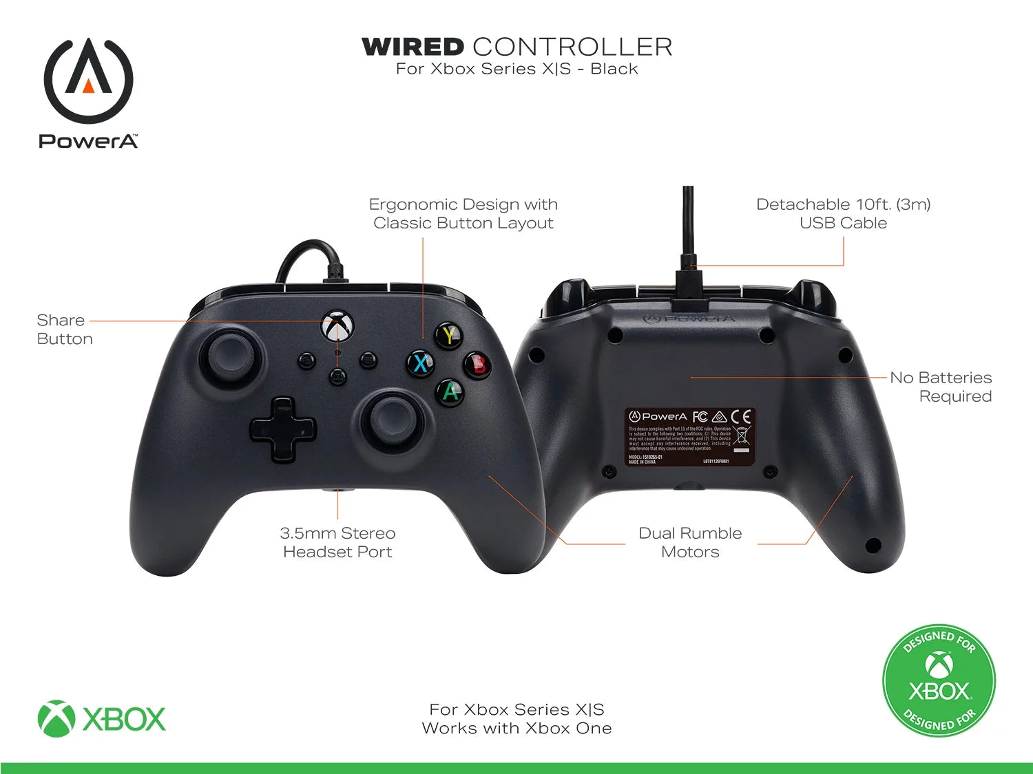 Zwarte bedrade Xbox Series X|S controller van Veltrixgames met dualshock knoppen en comfortabele grips.