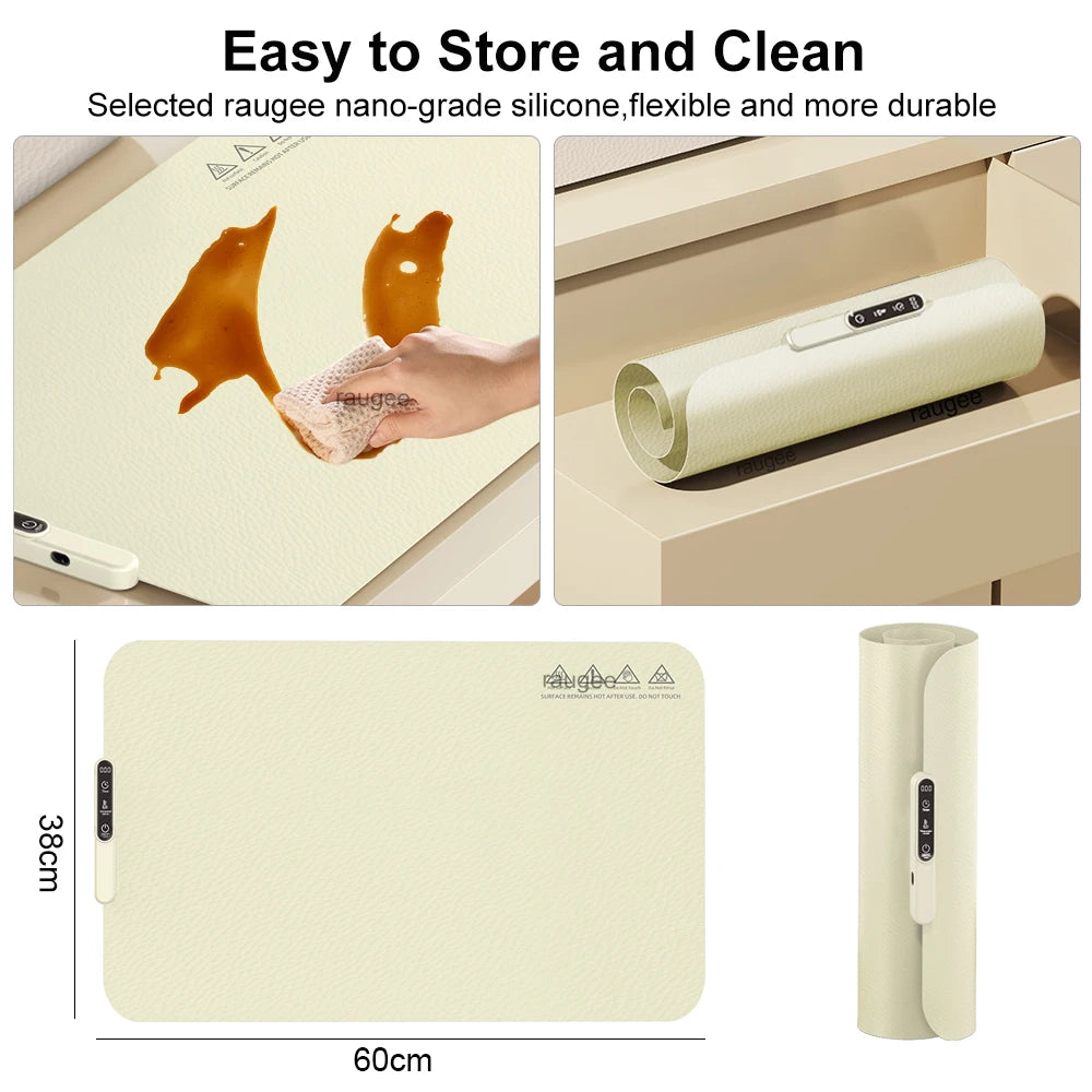 Beige opvouwbare elektrische voedselverwarmer mat van Veltrixgames met siliconen verwarmingsplaat, ideaal voor warm houden van eten.