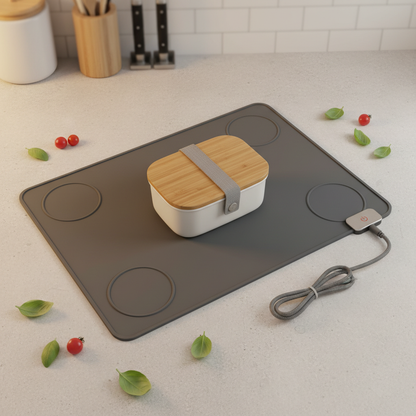 Beige opvouwbare elektrische voedseldemper mat van Veltrixgames met siliconen verwarmingplaat, ideaal voor warm eten.