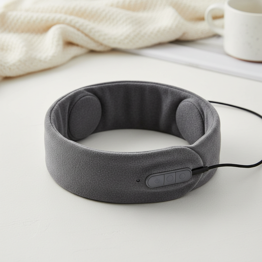 Grijze Bluetooth slaapband van Veltrixgames met ingebouwde speakers voor comfortabel luisteren tijdens het slapen