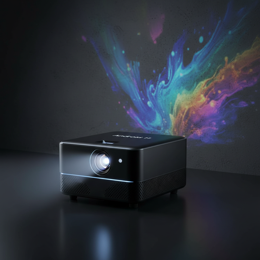 Mini projector Salange P300 van Veltrixgames met Android 11, Wi-Fi en 4K-weergave, zichtbaar met aansluitingen en bedieningsknoppen.