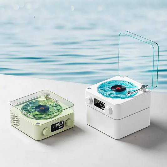 Veltrixgames retro witte noise Bluetooth-speaker in compact formaat met roze kleur en vintage design.