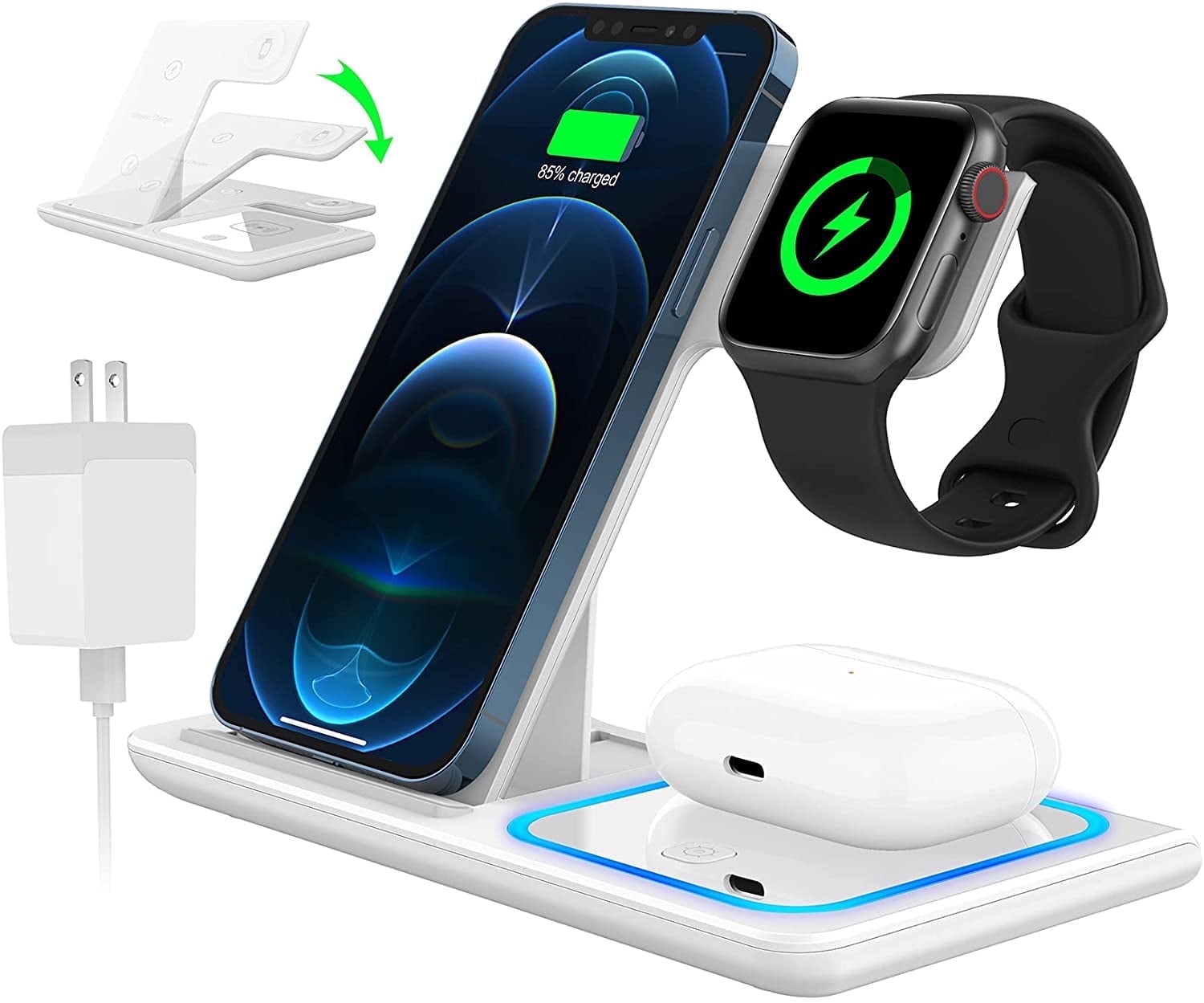 Veltrixgames 3-in-1 draadloze oplaadstation met wit ontwerp, snel opladen tot 18W voor smartphone, smartwatch en draadloze oordopjes