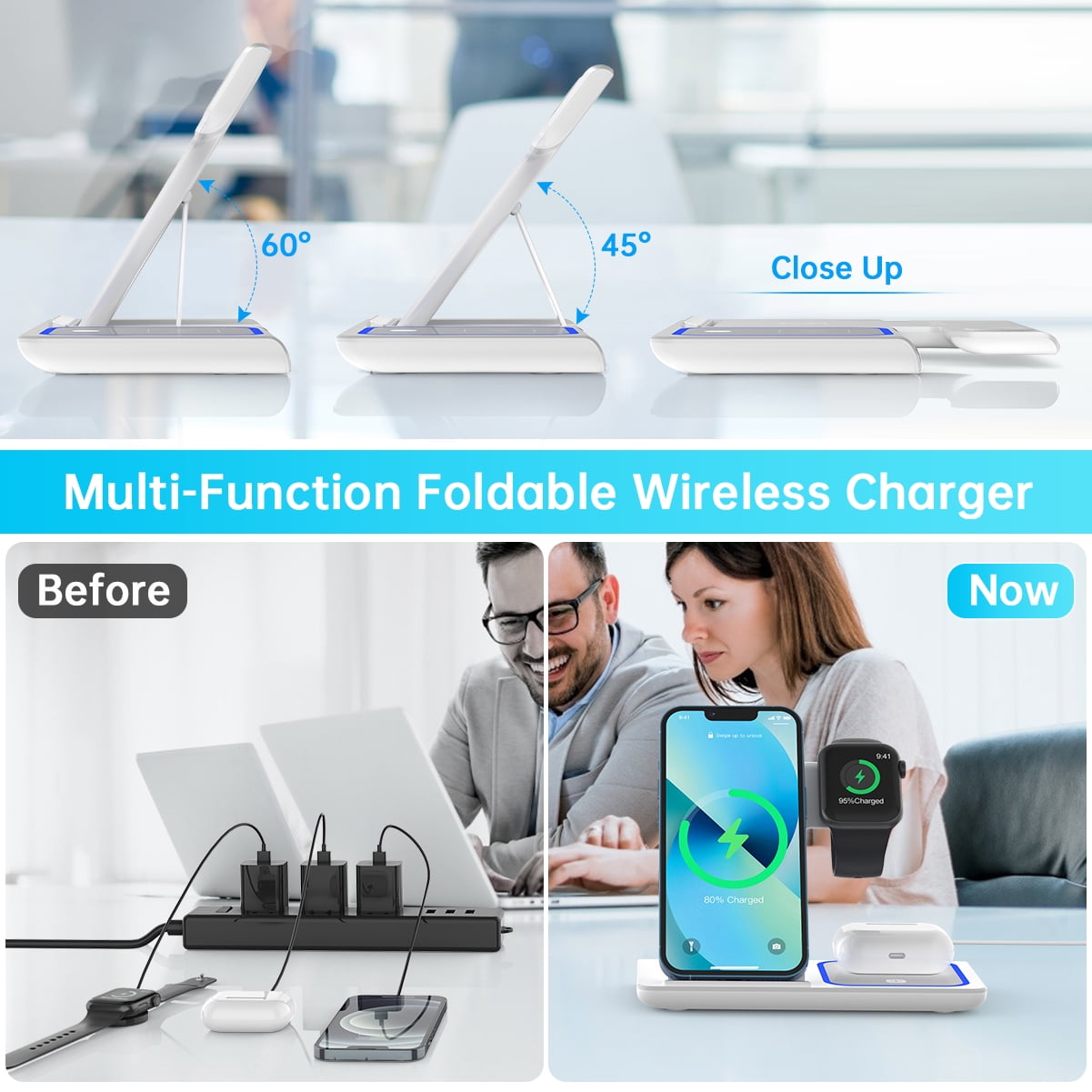 Veltrixgames 3-in-1 draadloze oplaadstation, wit, ondersteunt 18W snel opladen voor smartphone, smartwatch en draadloze oordoppen.