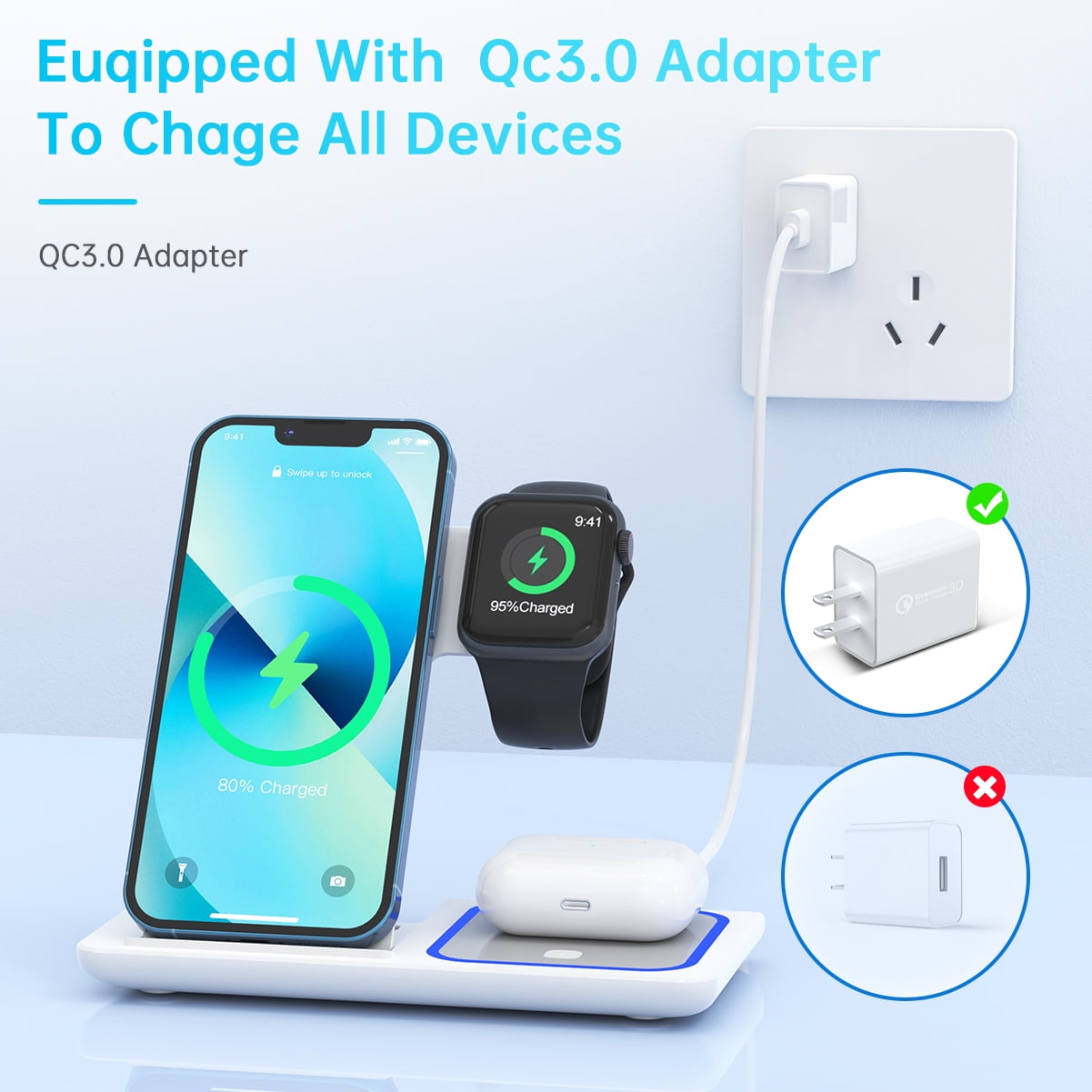 Veltrixgames 3-in-1 draadloze oplaadstation met wit ontwerp en 18W snel opladen voor smartphones, smartwatch en draadloze oordopjes