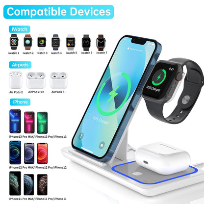 Veltrixgames 3-in-1 draadloze oplaadstation met wit ontwerp, ondersteunt 18W snel opladen voor smartphones, smartwatch en draadloze oordoppen.