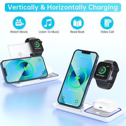 Veltrixgames 3-in-1 draadloze oplaadstation, wit, ondersteunt 18W snel opladen voor smartphones, smartwatch en draadloze oordoppen
