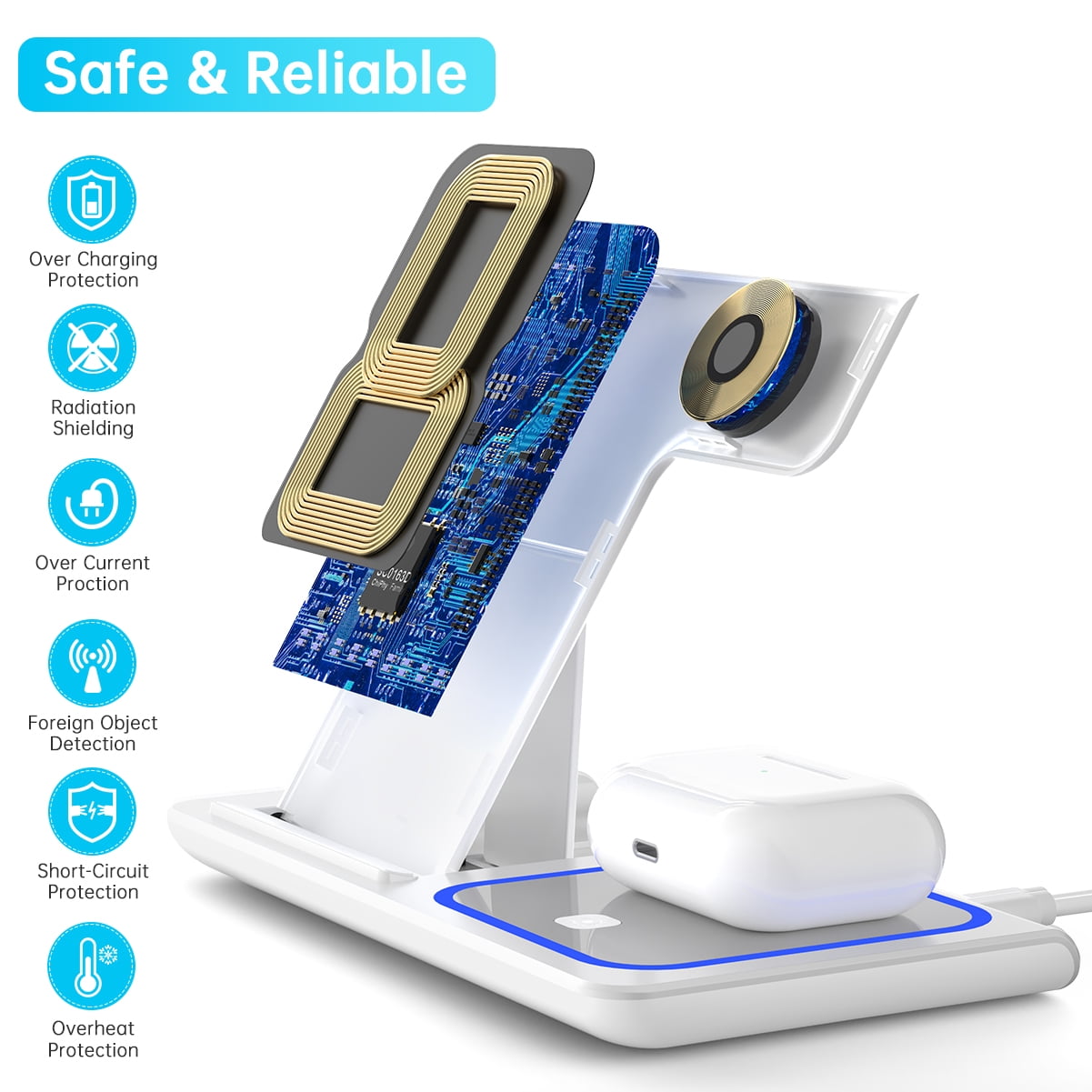 Veltrixgames witte 3-in-1 draadloze oplaadstation met 18W snel opladen voor smartphones, smartwatch en oordopjes.