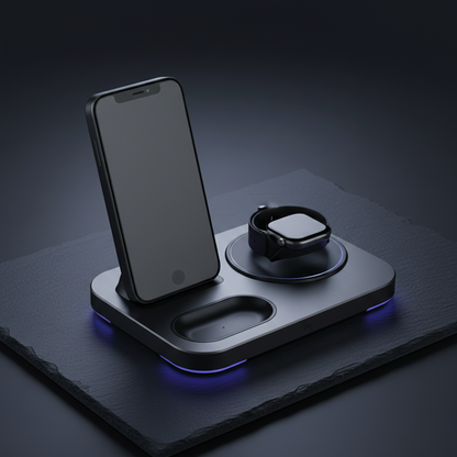Witte Veltrixgames 3-in-1 draadloze oplaadstation met 18W snelladen voor smartphones, smartwatch en draadloze oordoppen.