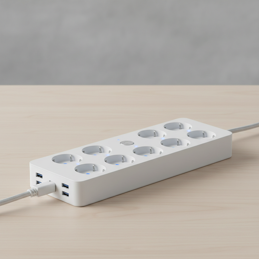 Witte Veltrixgames EU slimme stekkerdoos met USB sneloplader en meerdere stopcontacten voor gebruik in Europa.