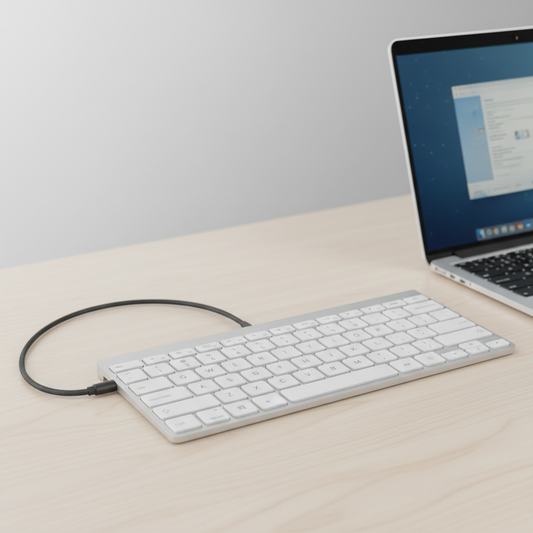 Witte compacte mini bedrade toetsenbord van Veltrixgames, Plug & Play voor laptop en PC, met witte toetsen en slanke lay-out.