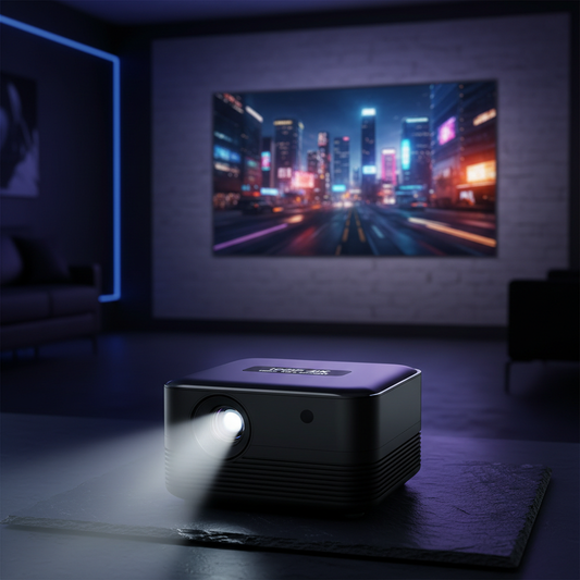 Mini projector van Veltrixgames met 1080P HD en 4K ondersteuning, geel kleur, compacte ontwerp en beeldweergave.