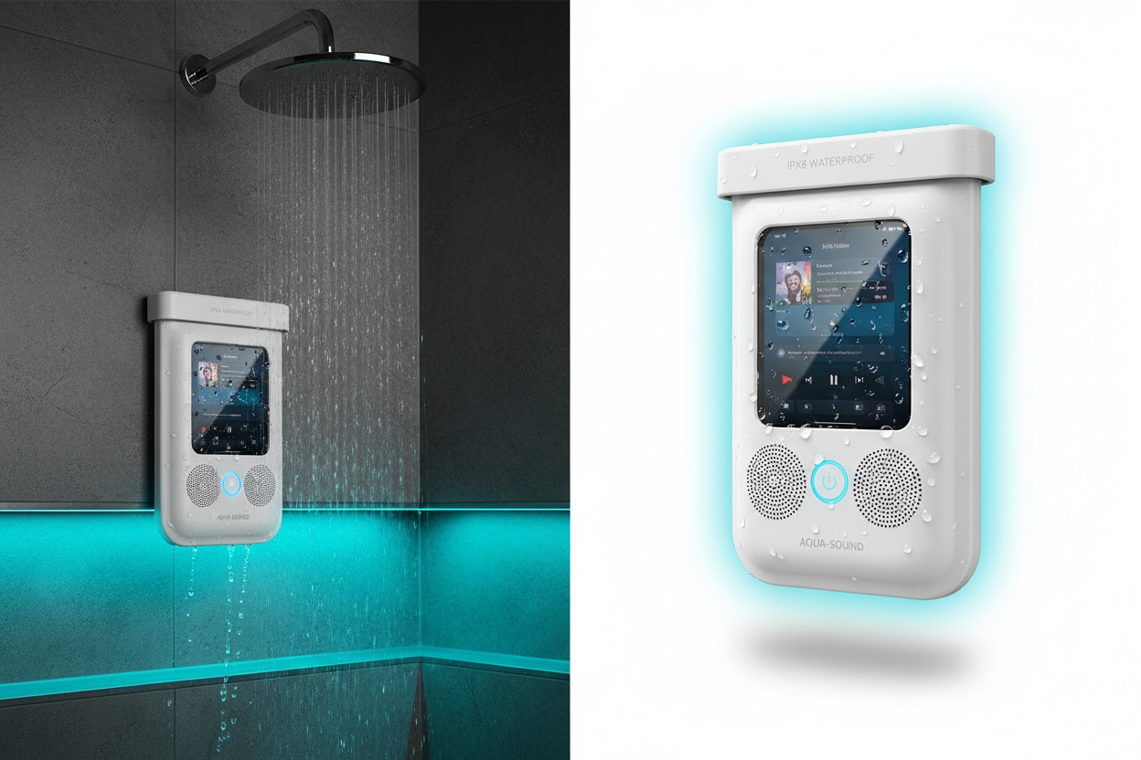 Waterdichte telefoonhouder met Bluetooth speakers van Veltrixgames, 360° draaibaar, geschikt voor douche en bad.